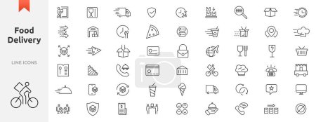 Essenslieferdienst Icon Set. Umrisse der Sammlung von UI-Symbolen. Enthält Bestellverfolgung, Lieferung nach Hause, Lager, LKW, Roller, Kurier und Fracht-Symbole. Schiffssymbol.