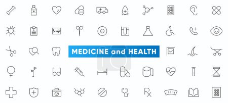 Illustration for Medicine and Health Care line icons set. Healthcare, medical, medicine, check up, doctor, dentistry, pharmacy, lab, scientific discovery icons collection. Outline icon collection. Thin outline icons pack - Royalty Free Image