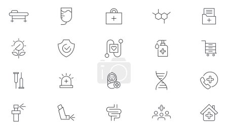 Illustration for Medicals and Health Care line icons set. Healthcare, medical, medicine, check up, doctor, dentistry, pharmacy, lab, scientific discovery icons collection. Outline icon collection. Thin outline icons pack - Royalty Free Image