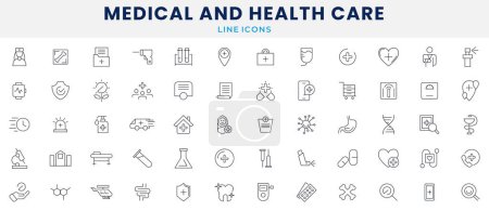 Illustration for Medicals and Health Care line icons set. Healthcare, medical, medicine, check up, doctor, dentistry, pharmacy, lab, scientific discovery icons collection. Outline icon collection. Thin outline icons pack - Royalty Free Image