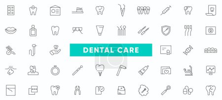 Zahnpflege Linie Symbol gesetzt. Zahnheilkunde, Medizin, Implantate, Zahnspangen, Zahnarzt, Zahnschmerzen, Aligner, Veneers, Zahnumrisse Symbole Sammlung. Thin Outline Symbole Pack.