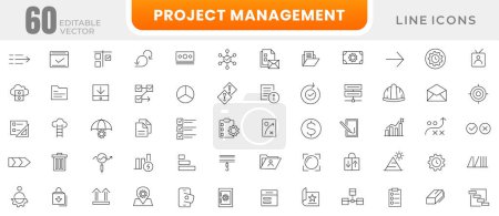 Project management line icon set. Business or organisation management, time management, planning, project, startup, marketing outline icon collection. Editable stroke. Outline icon pack.