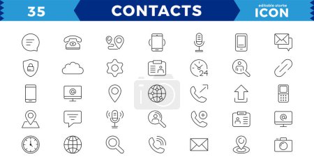 Ilustración de Contacto y comunicación Iconset, icono de contorno para el contacto, el chat y la comunicación.Icono web y móvil. Chat, soporte, mensaje, teléfono. Conjunto de iconos web de líneas delgadas - Contáctenos - Imagen libre de derechos