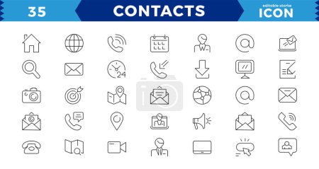 Ilustración de Contacto y comunicación Iconset, icono de contorno para el contacto, el chat y la comunicación.Icono web y móvil. Chat, soporte, mensaje, teléfono. Conjunto de iconos web de líneas delgadas - Contáctenos - Imagen libre de derechos