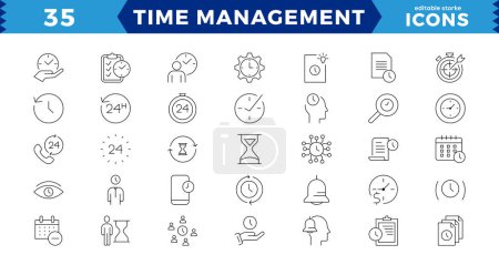 Zeitmanagement. Lineare Ikonensammlung. Editierbares stroke.time Management-Symbol setzt Liniendesign blau. Zeit, Manager, Ikone, Entwicklung, Geschäftsvektorillustrationen