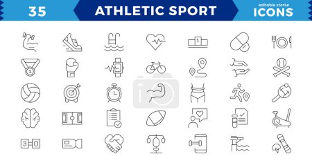 Einfaches Set sportlicher Vector Line Symbole. Pixel Perfekt. Enthält Symbole wie Riding Water Bike, SUP Boarding, Kopfpflege, Windsurfen und vieles mehr. Essbarer Schlaganfall