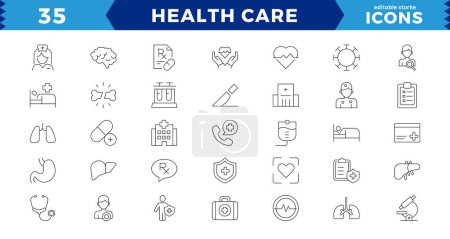 Símbolos de medicina y salud pixel Perfect Line Conjunto de iconos. Ilustración vectorial en estilo moderno de línea delgada de iconos médicos: instrumentos, que contiene tratamiento, prevención, médico, salud, accidente cerebrovascular editable