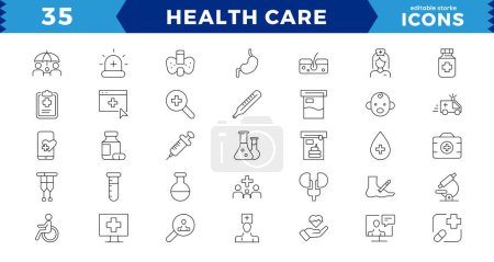 Medizin und Gesundheit Symbole Pixel Perfect Line Icons gesetzt. Vektor-Illustration im modernen Dünnlinien-Stil medizinischer Ikonen: Instrumente, Behandlung, Prävention, Medizin, Gesundheit, editierbarer Schlaganfall