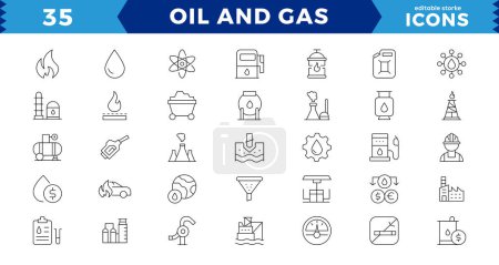 Ilustración de Petróleo y gas - Pixel Perfecto conjunto de iconos web de línea delgada. Esquema de la colección de iconos. golpe editable - Imagen libre de derechos