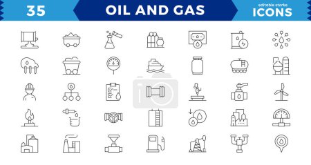 Ilustración de Petróleo y gas - Pixel Perfecto conjunto de iconos web de línea delgada. Esquema de la colección de iconos. golpe editable - Imagen libre de derechos