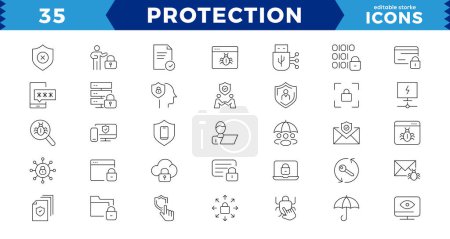 protection  pixel Perfect Line Editable Icons set. Vector illustration in thin line modern style of cyber protection related icons: personal data protection, passwords,editable stroke icons