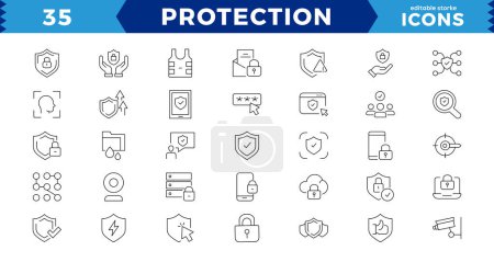 pixel de protection Perfect Line Set d'icônes modifiables. Illustration vectorielle en ligne fine style moderne d'icônes liées à la cyberprotection : protection des données personnelles, mots de passe, icônes d'AVC modifiables