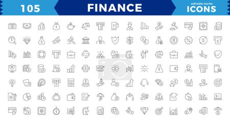 Pixel Perfect Finanzas conjunto de iconos de línea. Elementos de pago de dinero esbozan la colección de iconos. Elementos de pago símbolos. Moneda, dinero, banco, criptomoneda, cheque, billetera, cerdito, equilibrio, golpe editable