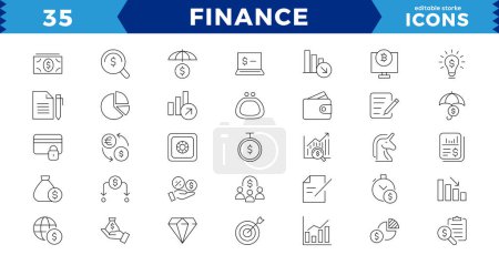 Pixel Perfect Finance Liniensymbole gesetzt. Zahlungselemente umreißen die Sammlung von Symbolen. Zahlungsbestandteile Symbole. Währung, Geld, Bank, Kryptowährung, Scheck, Brieftasche, Sparschwein, Saldo, editierbarer Strich