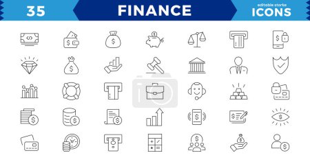 Pixel Perfect Finance Liniensymbole gesetzt. Zahlungselemente umreißen die Sammlung von Symbolen. Zahlungsbestandteile Symbole. Währung, Geld, Bank, Kryptowährung, Scheck, Brieftasche, Sparschwein, Saldo, editierbarer Strich