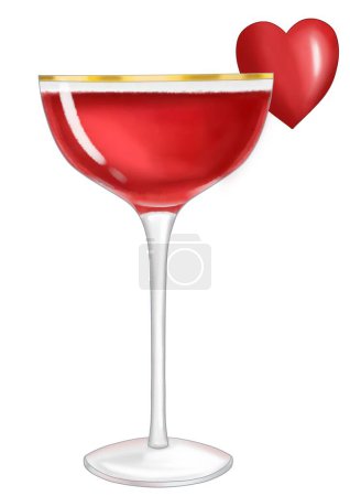 Photo for Red martini cocktail in glass with heart shaped decoration. Valentine day watercolor illustration - Royalty Free Image