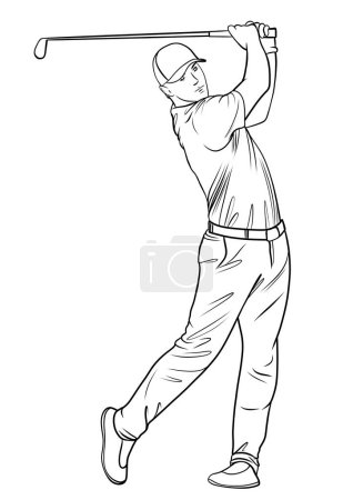 golfer vector outline illustration, hand drawn image. Design element, coloring book page