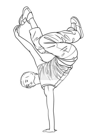 Hombre breakdancer en stand-up, ilustración de contorno de vectores, elemento de diseño, página del libro para colorear