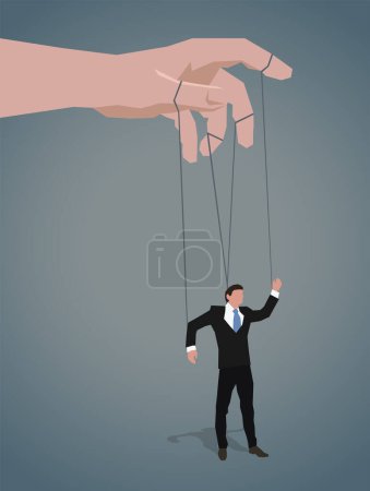 Illustration for Puppeteer hands controlling puppets, manipulator concept. Employer domination exploitation or authority manipulator. - Royalty Free Image
