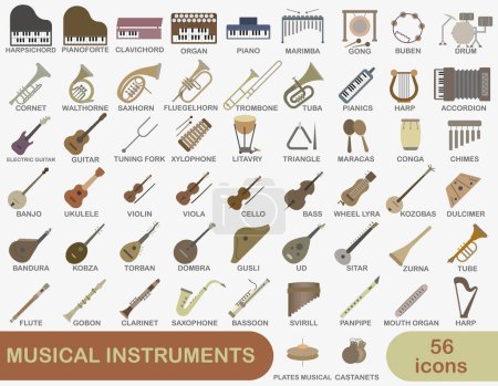 Téléchargez les illustrations : Un ensemble simple d'instruments de musique colorés. Images de divers instruments de musique avec des titres. SPE 10. - en licence libre de droit