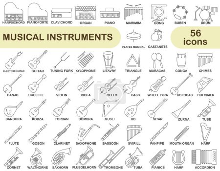 Illustration for Simple set of musical instruments in thin line design. Images of various musical instruments with titles. EPS 10. - Royalty Free Image