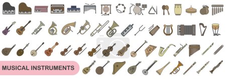 Téléchargez les illustrations : Un ensemble simple d'instruments de musique colorés avec un trait. Images de divers instruments de musique. SPE 10. - en licence libre de droit