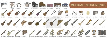 Téléchargez les illustrations : Un ensemble simple d'instruments de musique colorés avec un trait. Images de divers instruments de musique avec des titres. SPE 10. - en licence libre de droit
