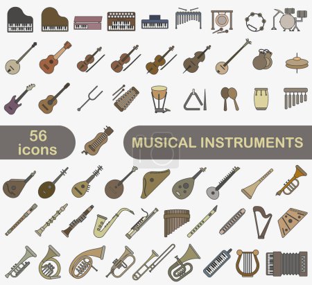 Téléchargez les illustrations : Un ensemble simple d'instruments de musique colorés avec un trait. Images de divers instruments de musique. SPE 10. - en licence libre de droit