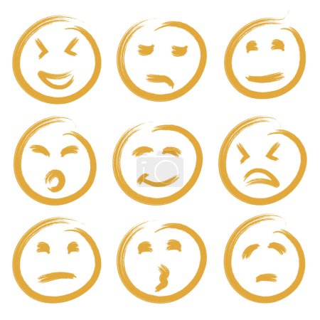 Foto de Emoticones. Conjunto de nueve emoticonos vectoriales texturizados abstractos naranja brillante. Emoticones dibujados con vector abstracto arte de línea. EPS 10. - Imagen libre de derechos