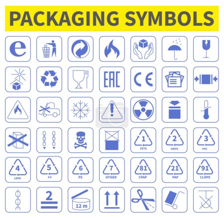 Illustration for A set of packaging symbols for transportation, storage and product information. Blue symbols isolated on white background. - Royalty Free Image