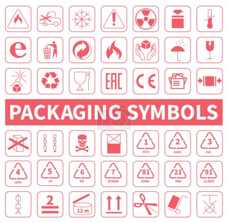 Illustration for A set of packaging symbols for transportation, storage and product information. Red symbols isolated on white background. - Royalty Free Image