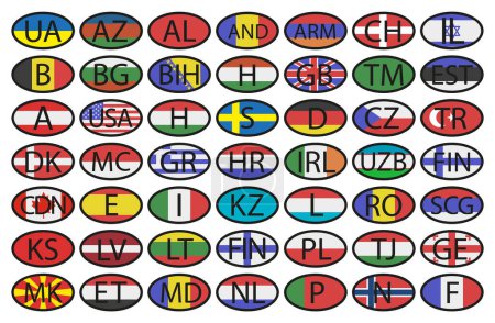 Téléchargez les illustrations : Sticker ovale des pays de l'UE et pas seulement avec un contour noir. Avec code pays et drapeau pays. - en licence libre de droit