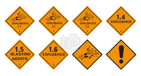 Illustration for Explosive warning signs. Hazard signs of the 1st class. EPS 10. - Royalty Free Image
