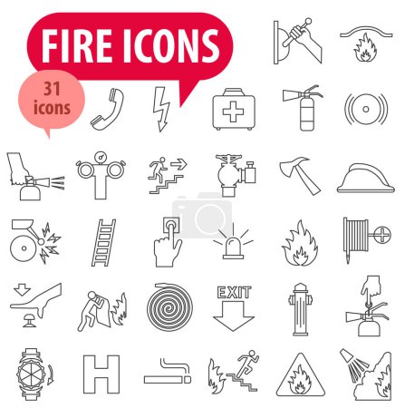 Fire safety icons. Fire safety sign. Fire warnings and actions. Vector illustration. EPS 10.
