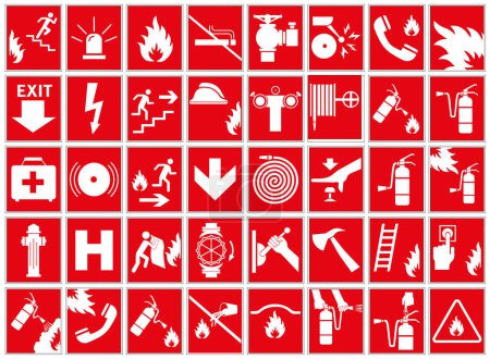 Signos de las acciones necesarias durante un incendio. Advertencias y acciones de fuego. Ilustración vectorial.