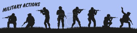 Illustration for Silhouette of soldiers ready for battle. Black silhouettes on a blue background. Vector graphics. EPS 10 - Royalty Free Image