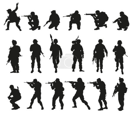 Soldiers in uniform with pistols and machine guns on a white background. Soldiers standing and crouching as well as going on the attack. EPS 10.