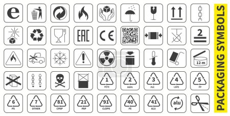 Illustration for Set of packaging symbols for transportation. Storage and product information. Dark symbols isolated on white background. EPS 10. - Royalty Free Image