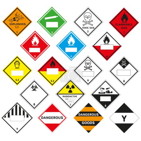 Illustration for Signs of dangerous goods. Warning sign. Hazard transportation icons. EPS 10. - Royalty Free Image