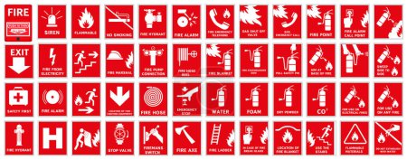 Illustration for Fire signs. Signs of action during a fire accident. Fire evacuation signs. EPS 10. - Royalty Free Image