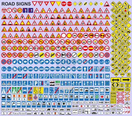 Illustration for A large set of road signs. Many road signs. Set of warning, priority, prohibition of road signs. EPS 10. - Royalty Free Image