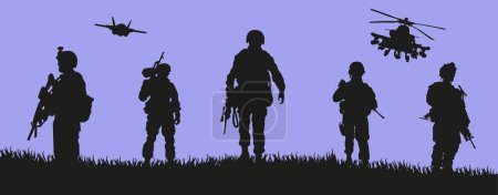 Illustration pour Silhouette de l'armée avec des armes pendant l'entraînement. SPE 10. - image libre de droit