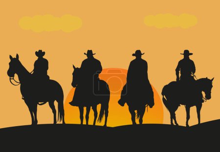 Illustration for Silhouette of cowboy couples riding horses at sunset. Sunset in the wild west. EPS 10. - Royalty Free Image
