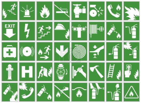 Los indicios verdes de las acciones necesarias durante el incendio. Advertencias y acciones de fuego. Ilustración vectorial. EPS 10.