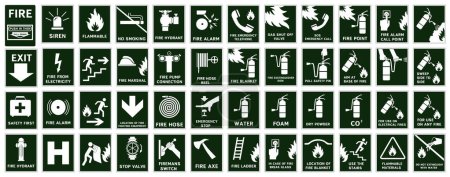 Signos de acción durante un incendio. Señales de evacuación de incendios. Señales de fuego. EPS 10.