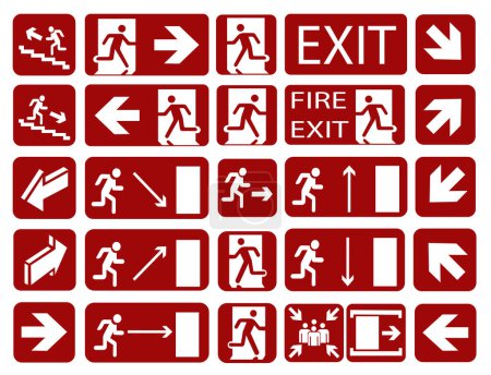 Señales de evacuación de incendios. Signos de acción durante un incendio. Señales de fuego. EPS 10.