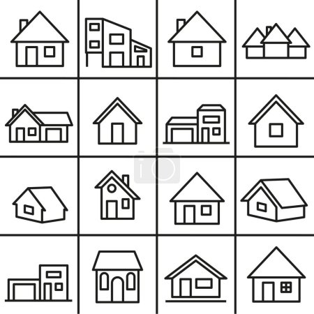 Casas y cabañas línea vectorial iconos. Una colección de iconos de casas. Cabañas vectoriales. EPS 10.