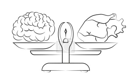 Ilustración de Corazón y cerebro en la balanza. Línea delgada. Equilibrio, amor y mente, inteligencia. Estilo plano. EPS 10. - Imagen libre de derechos