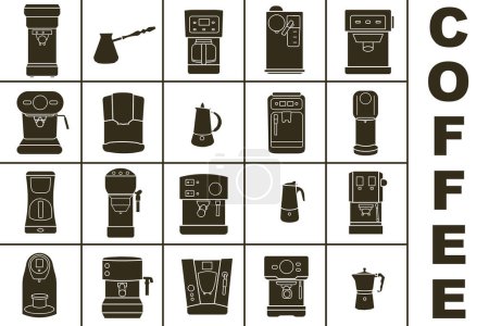 Coffee machines. Different types of coffee machines. Dark full icons of coffee machines. EPS 10.
