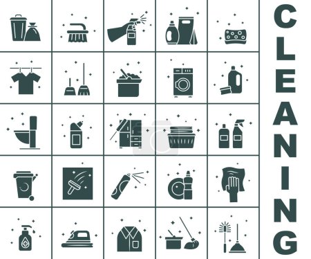Conjunto vectorial de iconos de limpieza. Iconos oscuros de los símbolos de la empresa de limpieza. Iconos de limpieza. EPS 10.